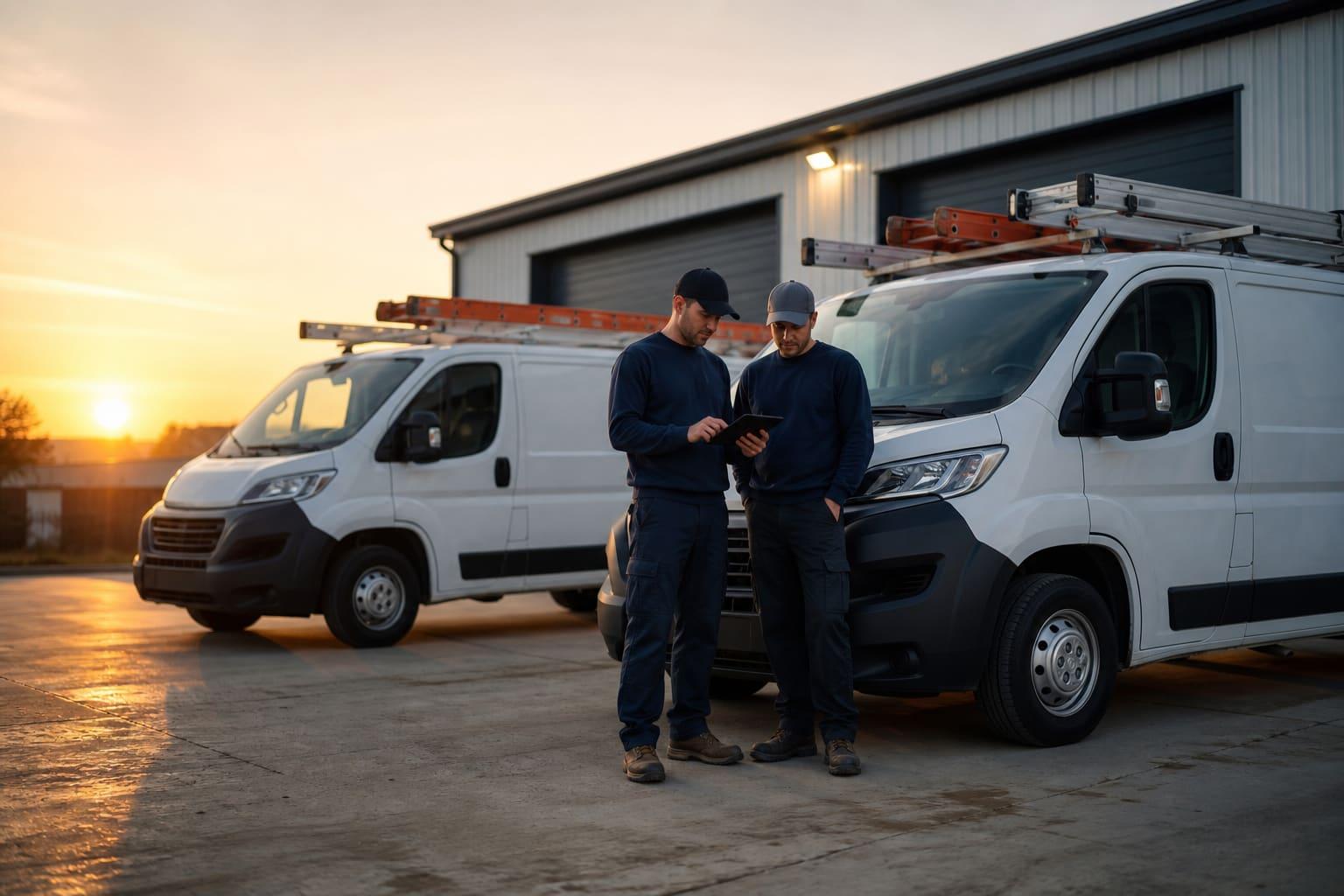 Two technicians reviewing a tablet beside work vans