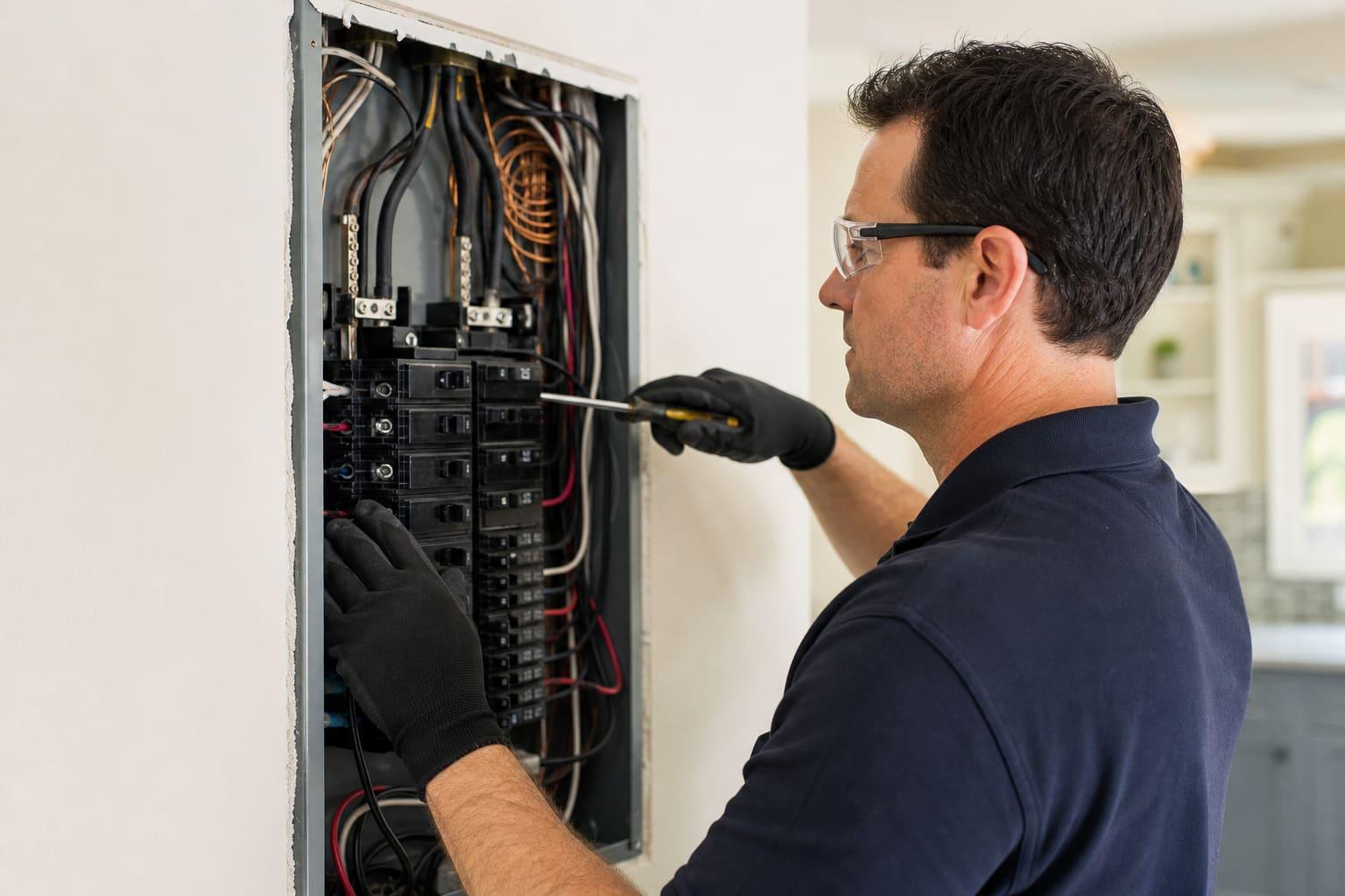 Electrician completing a panel upgrade with TradeCommands on a tablet