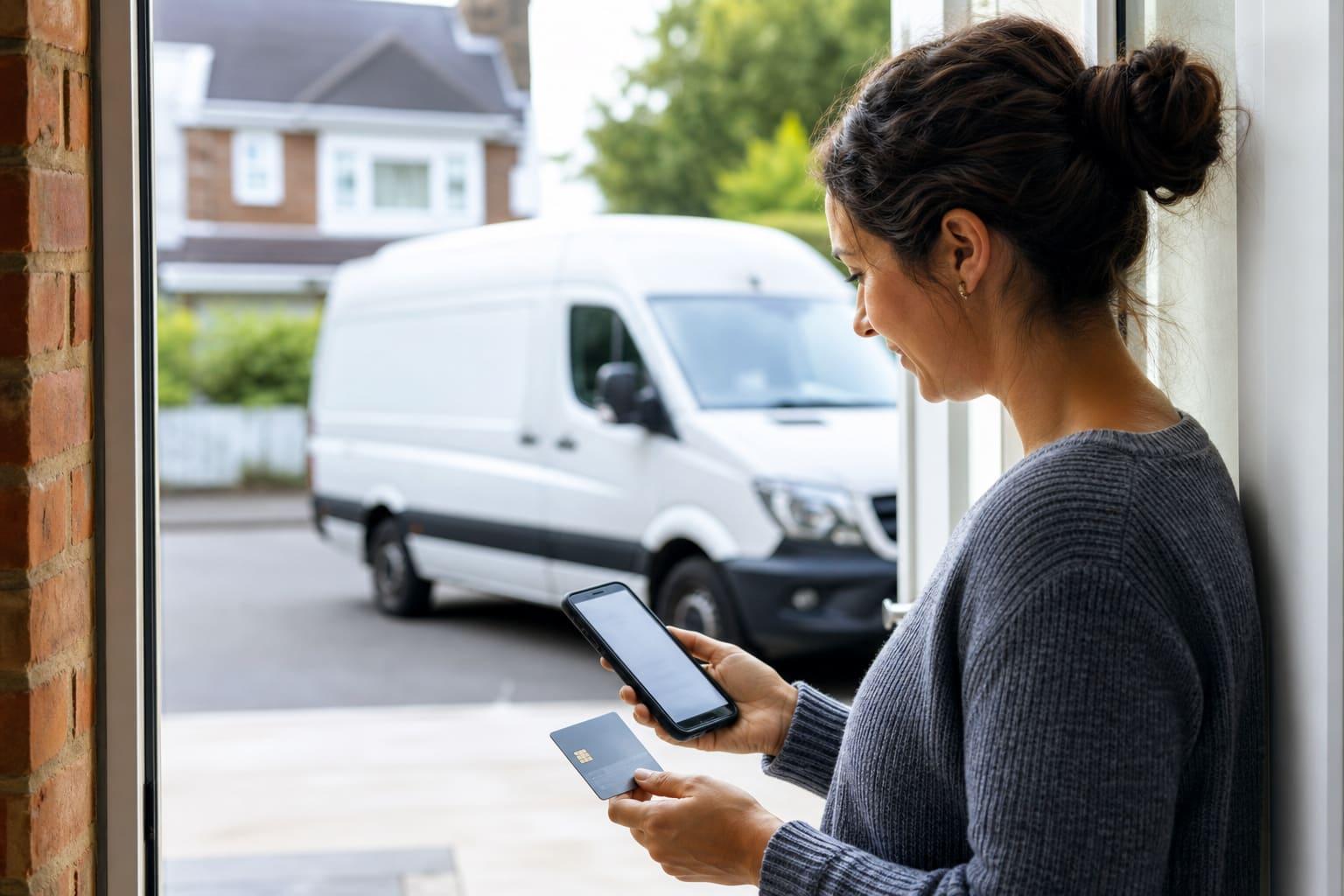 Technician on a driveway with a customer paying on a tablet, Housecall Pro alternative