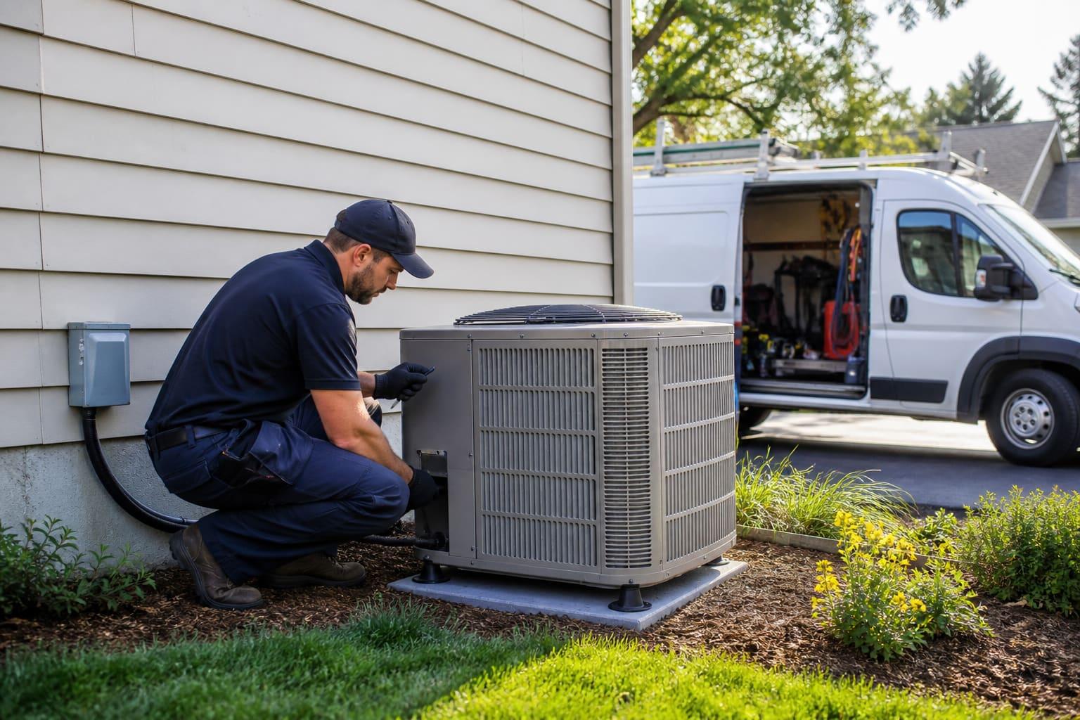 HVAC technicians finishing a furnace install with TradeCommands on a tablet