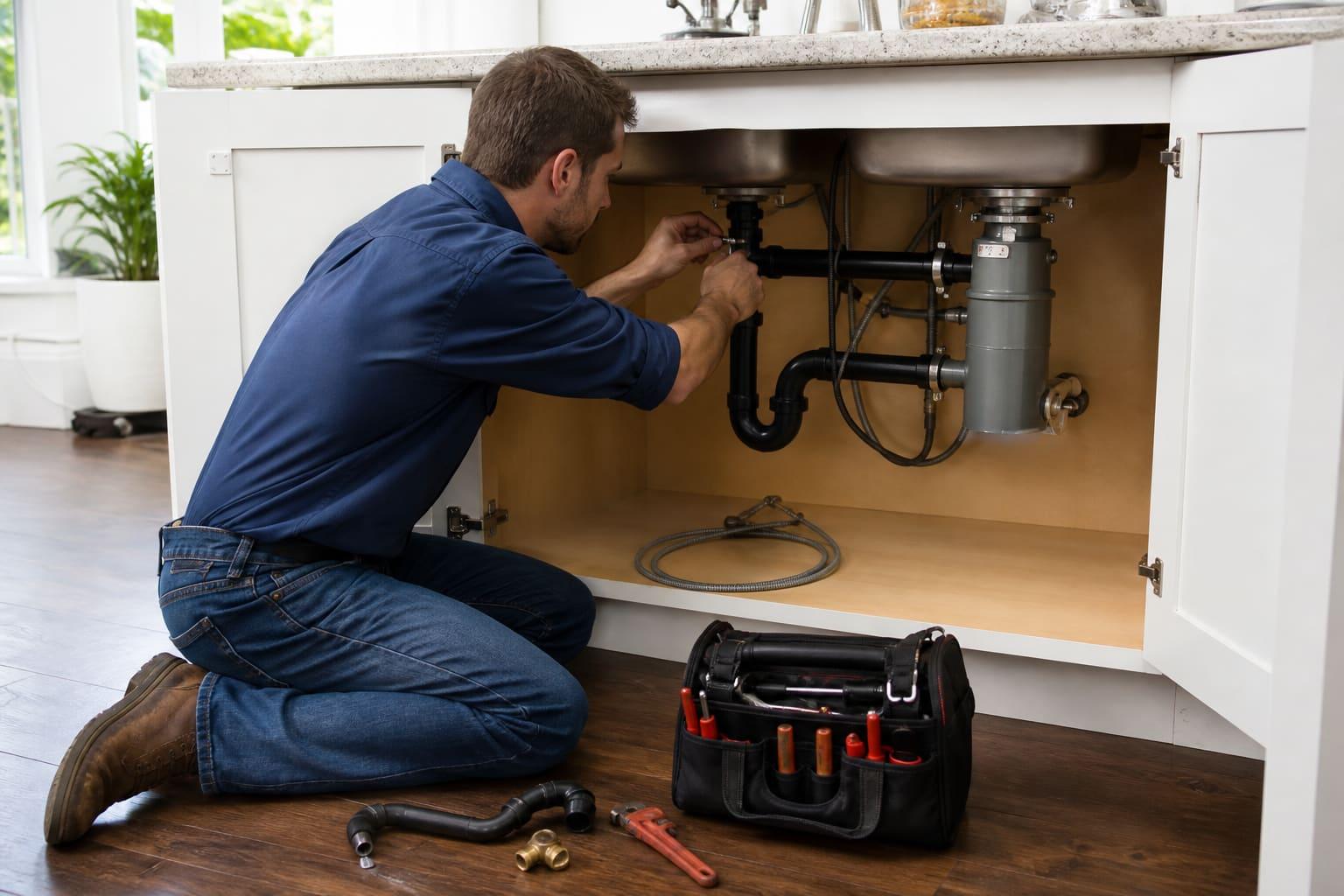 Plumber finishing a water heater install with a customer paying on a tablet