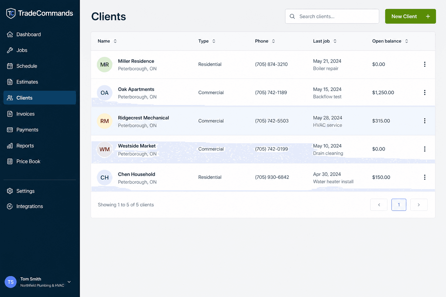 Residential and commercial records with job history attached — office and field look at the same customer.