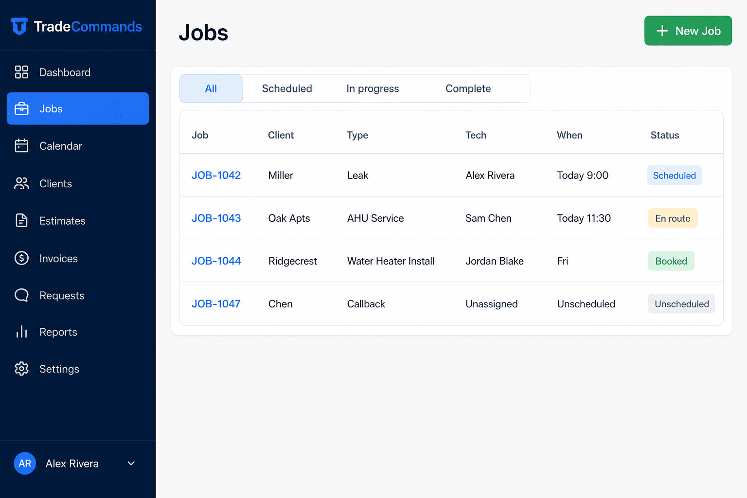 Every call and install is a record: client, property, tech, and status from booked to complete.